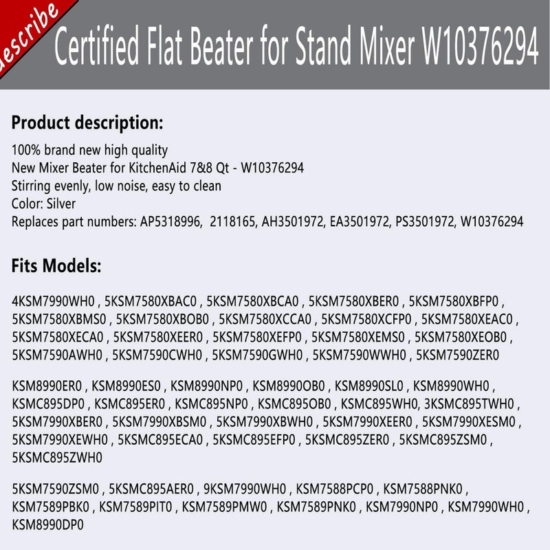 prime&swift W10376294 Flat Blade Paddle fit for Kitchen Aid 7&8 Quart Kitchen Stand Mixer Attachments,Food Grade Stainless Steel Mixer Attachment,prime&swift - Image 5
